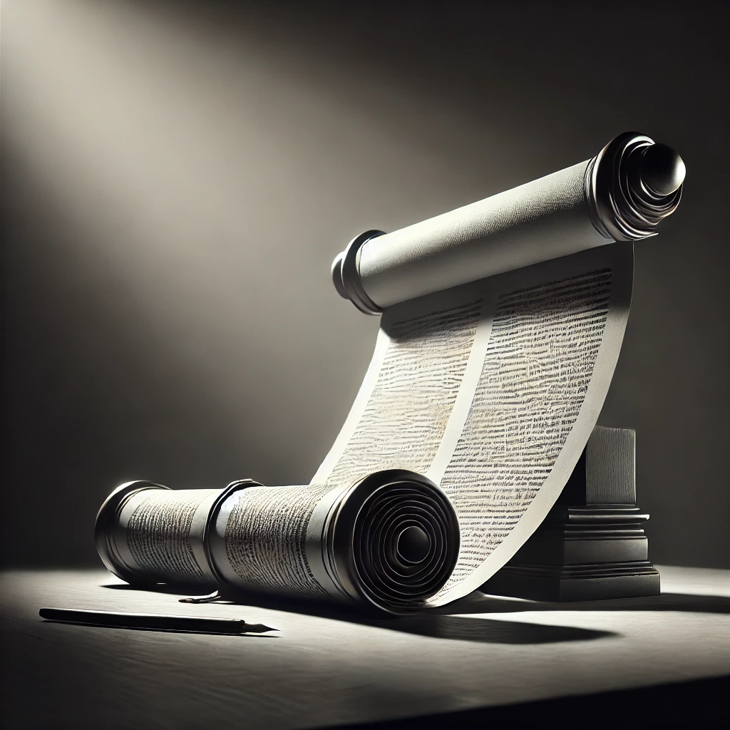 DALL·E 2024-12-04 14.54.19 - A realistic black-and-white 'Introspective Realism' style depiction of a scroll or book symbolizing law, resting on a simple table. The scene is illum